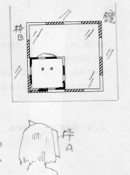 お面をかぶり鏡を見る図